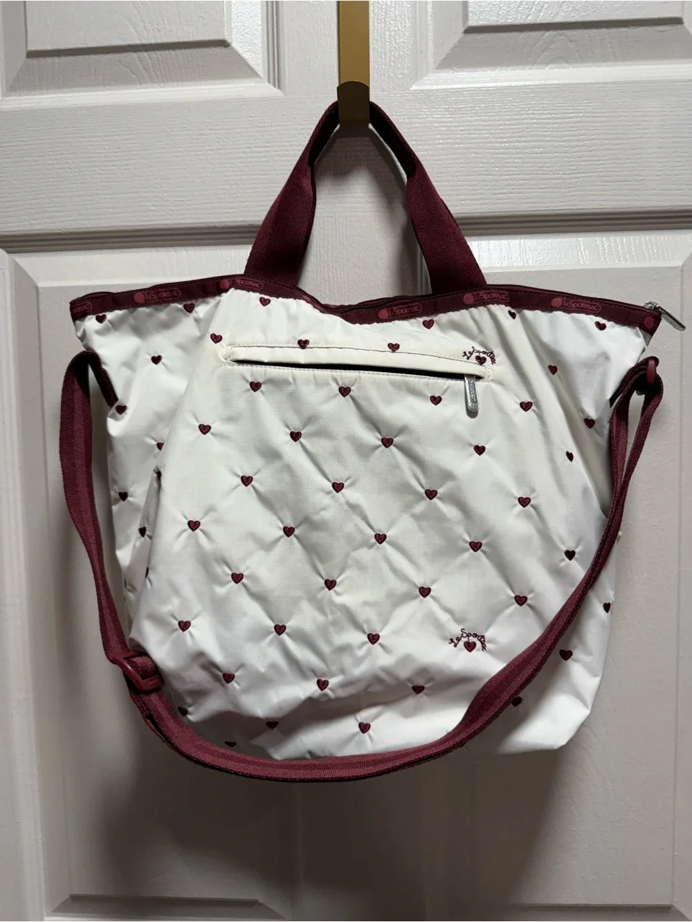 LeSportsac Quilted style Heart Print White & Burgundy Tote Bag